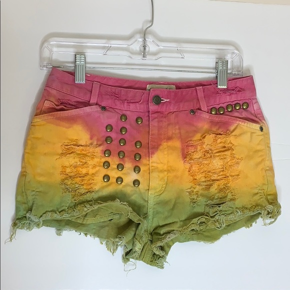 J.Jill | Out Of The Blue Tie Dye Cut Off Short Shorts | Brass Adorned Denim - Picture 7 of 7